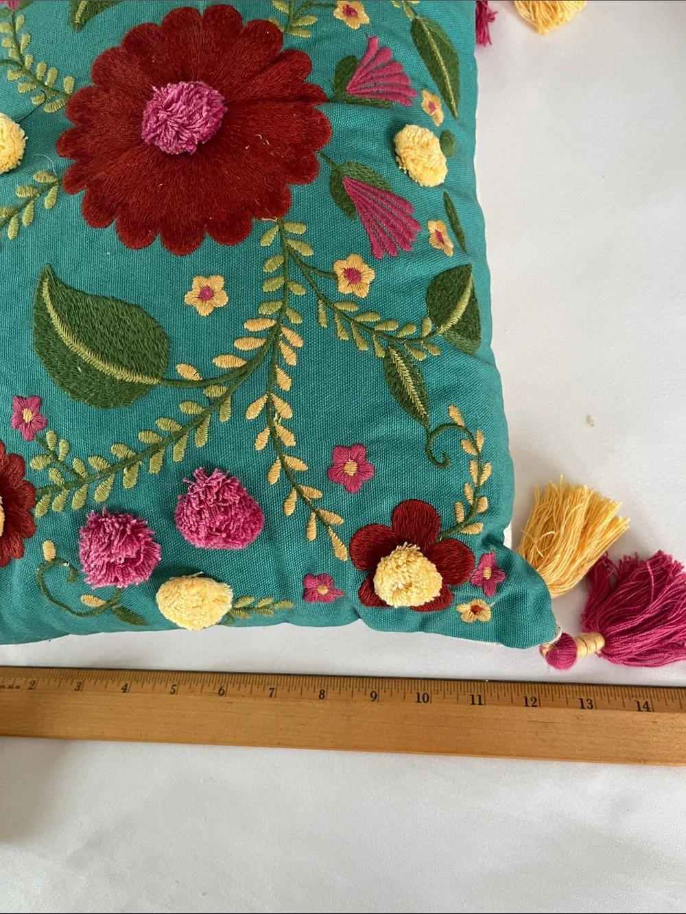 Pier 1 Fiesta Floral teal lumber embroidered  lumbar pillow boho fringe tassels